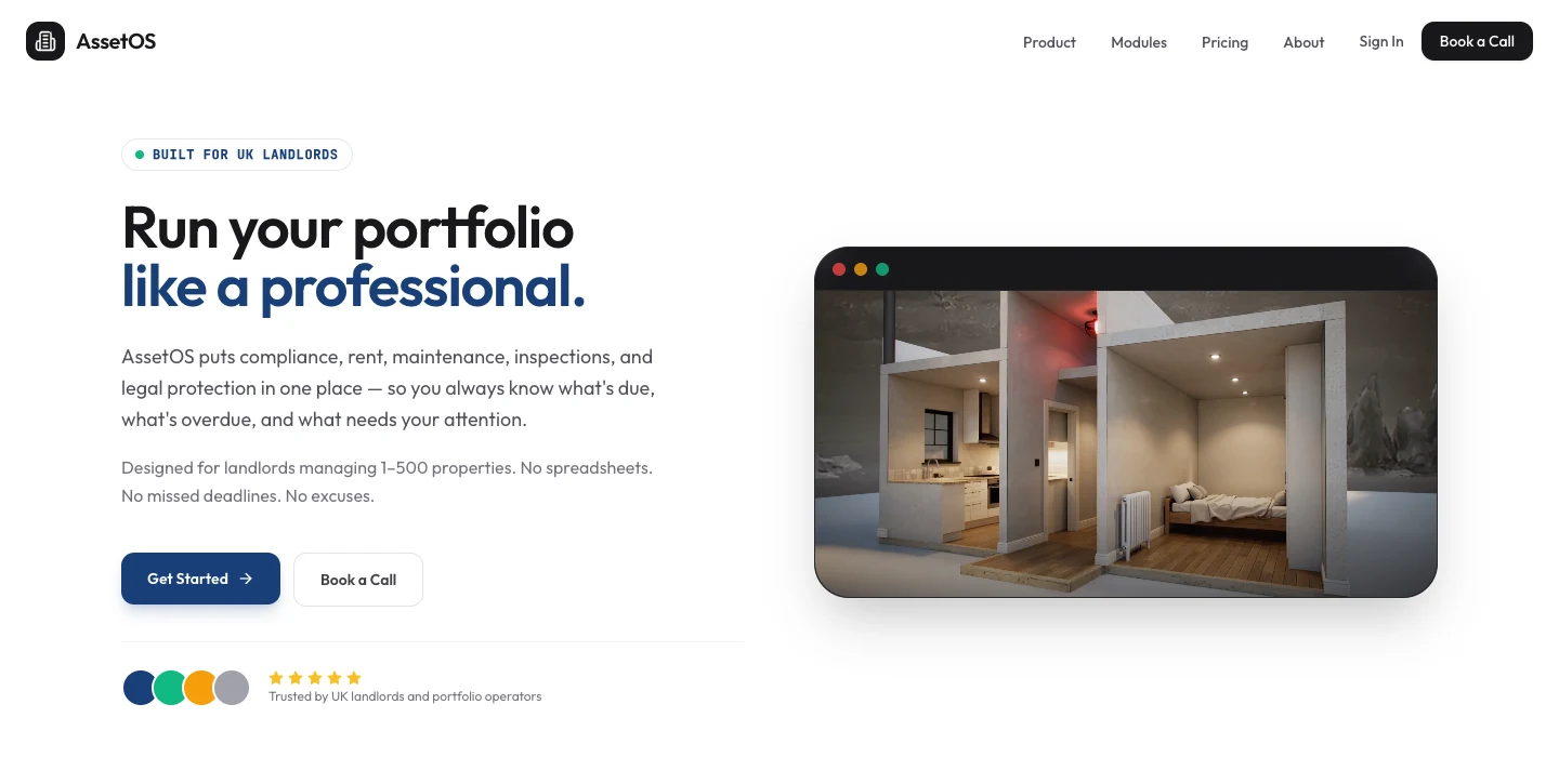 AssetOS website introducing the custom property management software