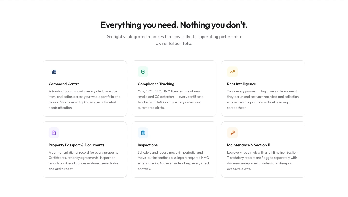 AssetOS product overview covering compliance, rent, property documents, inspections and maintenance